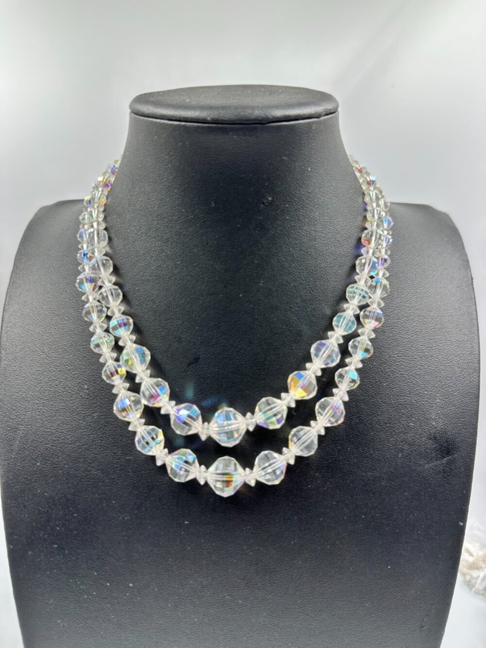 Vintage Laguna Aurora Borealis Glass Bead Necklace Clear Two Strand Hook Clasp